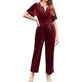 Simplee Womens Short Sleeve Wide Leg Velvet Jumpsuit Dressy V Neck Elastic Waist Formal Jumpsuits 2024 Winter Holiday Outfits