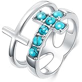 DOLIOX Genuine Turquoise Double Cross Rings for Women 925 Sterling Silver Layered Pray Through It Rings Jewelry for Her Mom Wife
