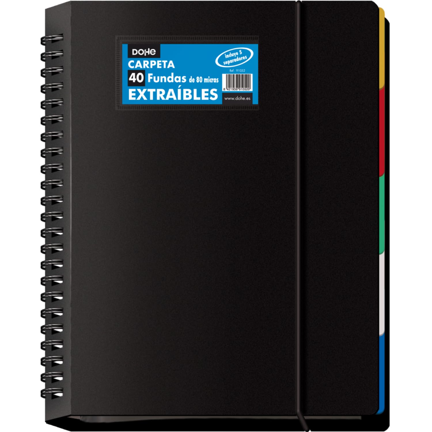 Dohe - Folder with 40 Removable Pockets, A4 (25 x 31 cm), disc Rings, 5 Coloured dividers, Elastic Rubber Closure, Office and School Supplies