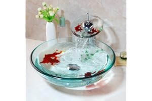 HM HomeMieco Clear Bathroom Sink Hand Painting Gold Fish Tempered Glass Vessel Sink Basin with Waterfall Faucet and Drain Combo,Round Glass Bowl Sink Above Counter Clear Bathroom Vessel Sink Set
