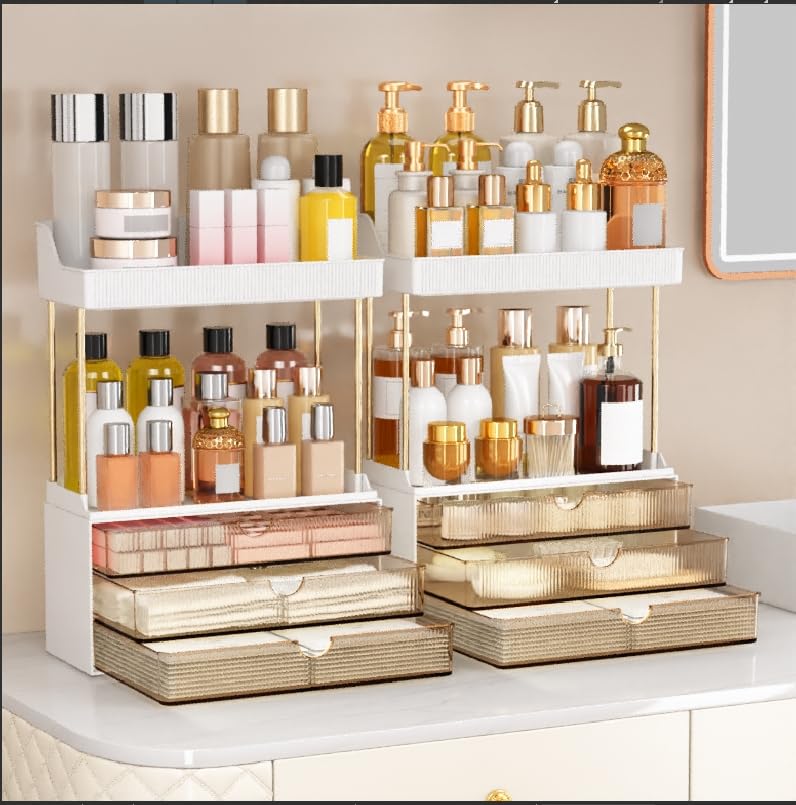 caktraie 2 Pack Bathroom Organizers and Storage - 3 Drawers 2 Tier Makeup Organizer, Cosmetic Storage Drawer for Dresser Countertop and Bathroom Vanity for Large Skincare, Perfume, Amber Image