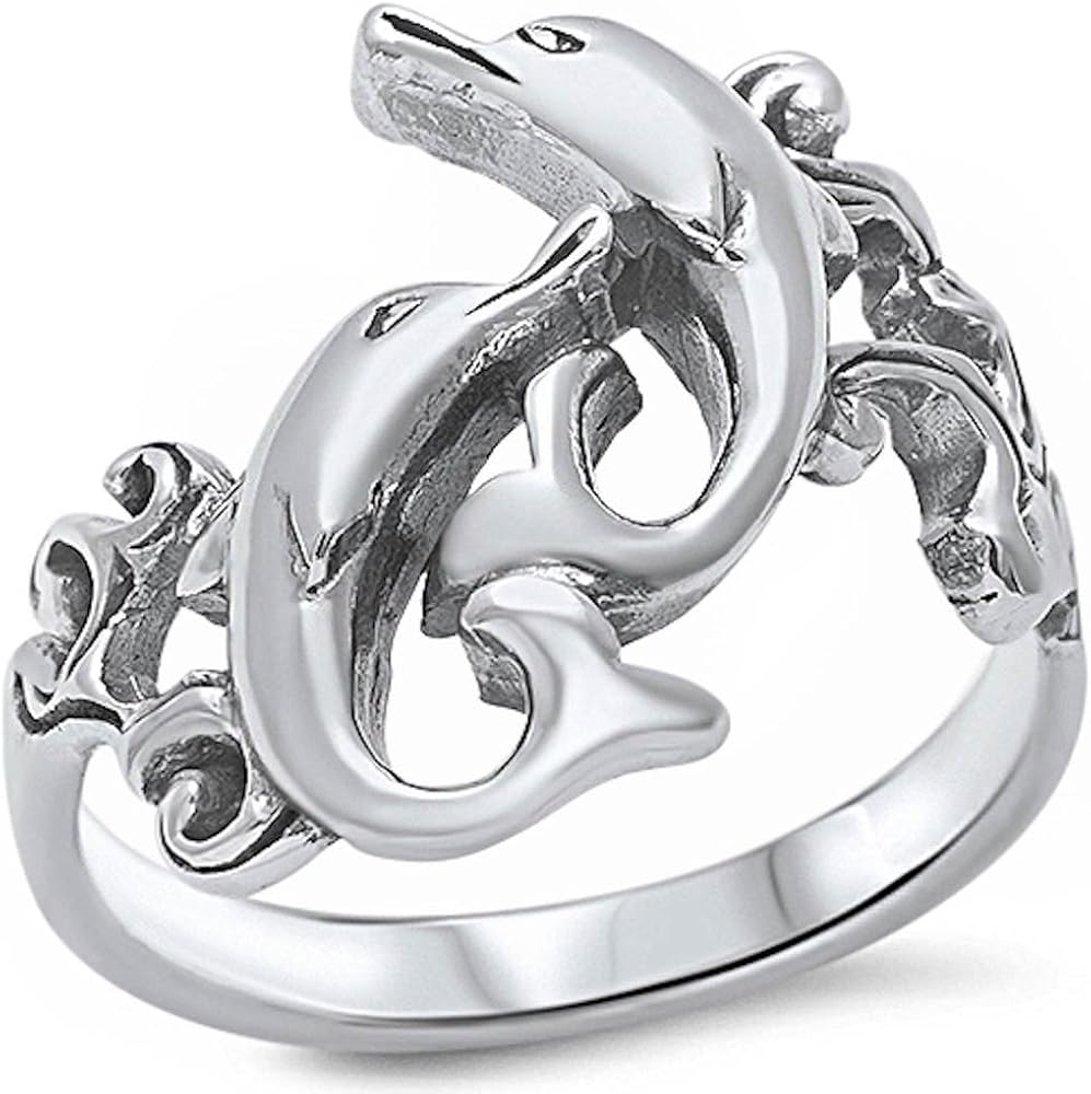 Dolphin ring Solid 925 Sterling Silver Two Dolphin's Plain Ring Amazon