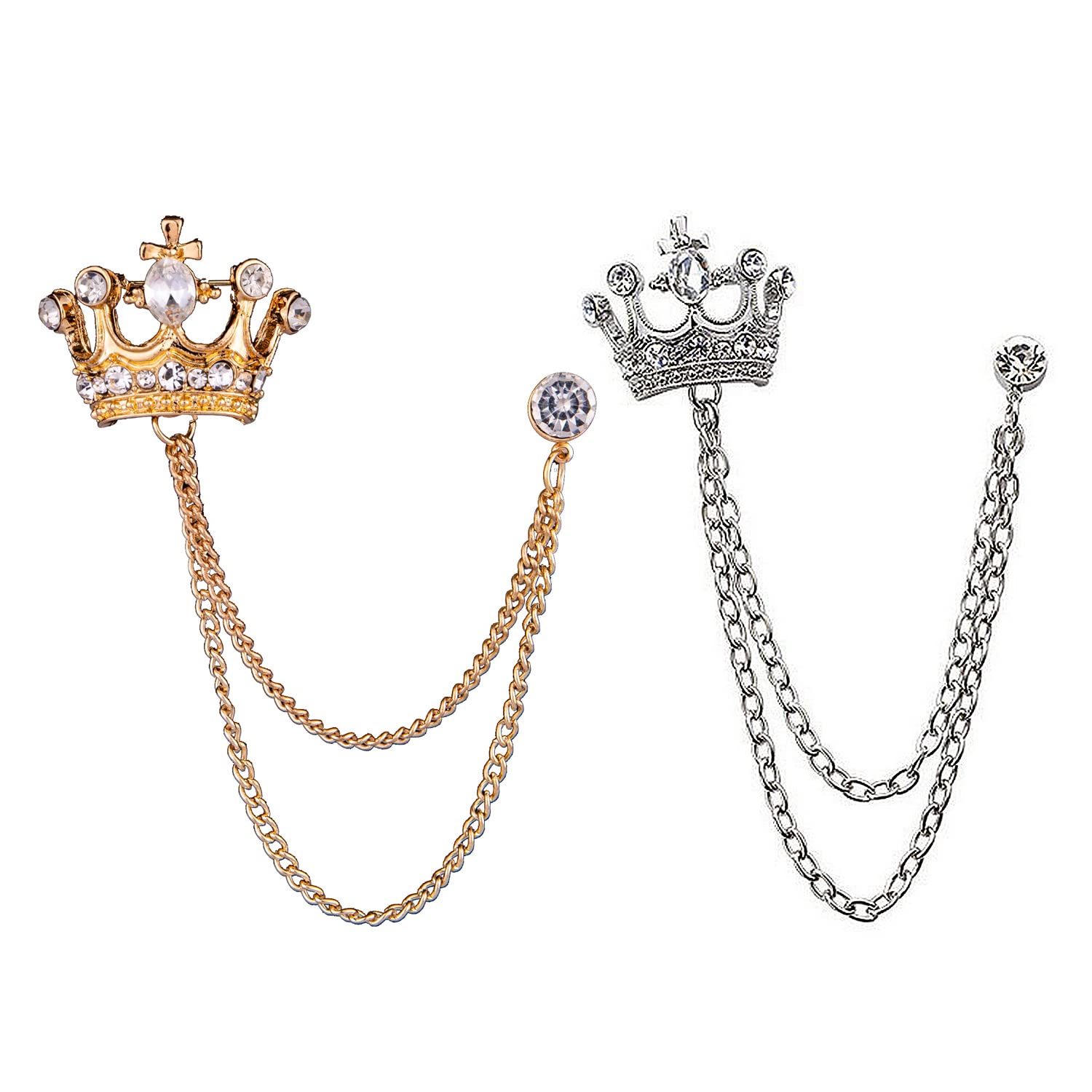 CAREOR 2 Pack Crown Brooch Hanging Chain Brooch with Engraving Metal Crystal Brooch Suit Stud Lapel Pin Vintage Rhinestone Breastpin Wedding Brooch Pin, Gold and Silver