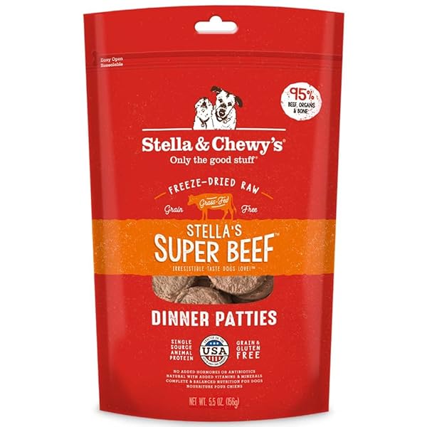 STELLA & CHEWY’S FREEZE DRIED RAW DINNER PATTIES – GRAIN FREE DOG FOOD, PROTEIN RICH STELLA’S SUPER BEEF RECIPE – 5.5 OZ BAG