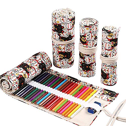 KLOLD Cute Cheap 12 Hole School Roll up Boys Pencil Case Holder Cool Pencil Case Organizer Pouch Simple Portable Canvas Large Capacity Pen Box for Girls Kids and Teen (Lucky Cat)