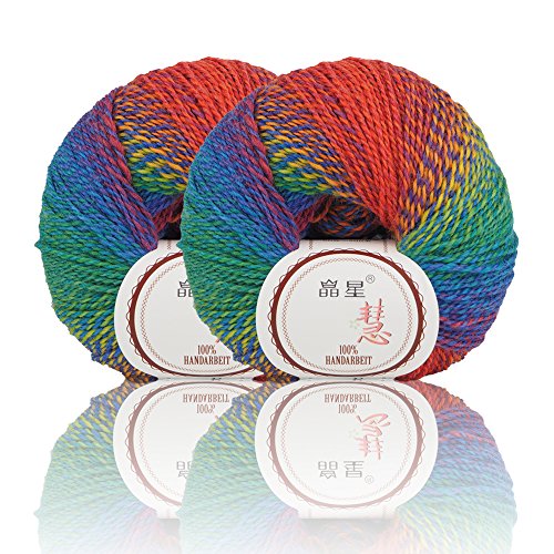 Rainbow Soft Yarn New 2 ply Wool Blend Colorful Yarn For Crochet Knit By Huicai With 2 Skeins Total Length 2Ã—200m,2Ã—219yards,50gÃ—2-011