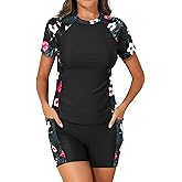 Daci Women's 2 Piece Rash Guard UPF 50+ Short Sleeve Swim Shirt with Shorts Swimsuit with Pockets and Built-in Bra