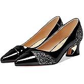 AngryMonkey Women's Pointed Toe Kitten Low Block Heel Pumps Shoes Sexy with Rhinestones Glitter Patent Leather Closed Slip On Bridal Dress Wedding Shoe