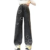Milokado Kids Girls Baggy Jeans Heart Print Casual Wide Leg Loose fit Denim Pants Size 5-14 Years