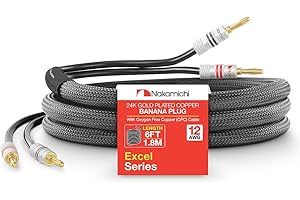 Nakamichi Excel Series 24k Gold Plated Banana Plug with (6 Feet) 12AWG Speaker Cable Wire 99.9% Oxygen-Free Copper (OFC) Heavy Duty Braided for Amplifier Hi-Fi Home Theatre - Black (6ft/1.8m)