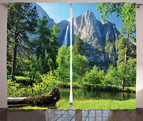 Ambesonne Yosemite Curtains, Upper Yosemite Falls Yosemite National Park California Picture, Living Room Bedroom Window Drapes 2 Panel Set, 108" X 84", Green Blue