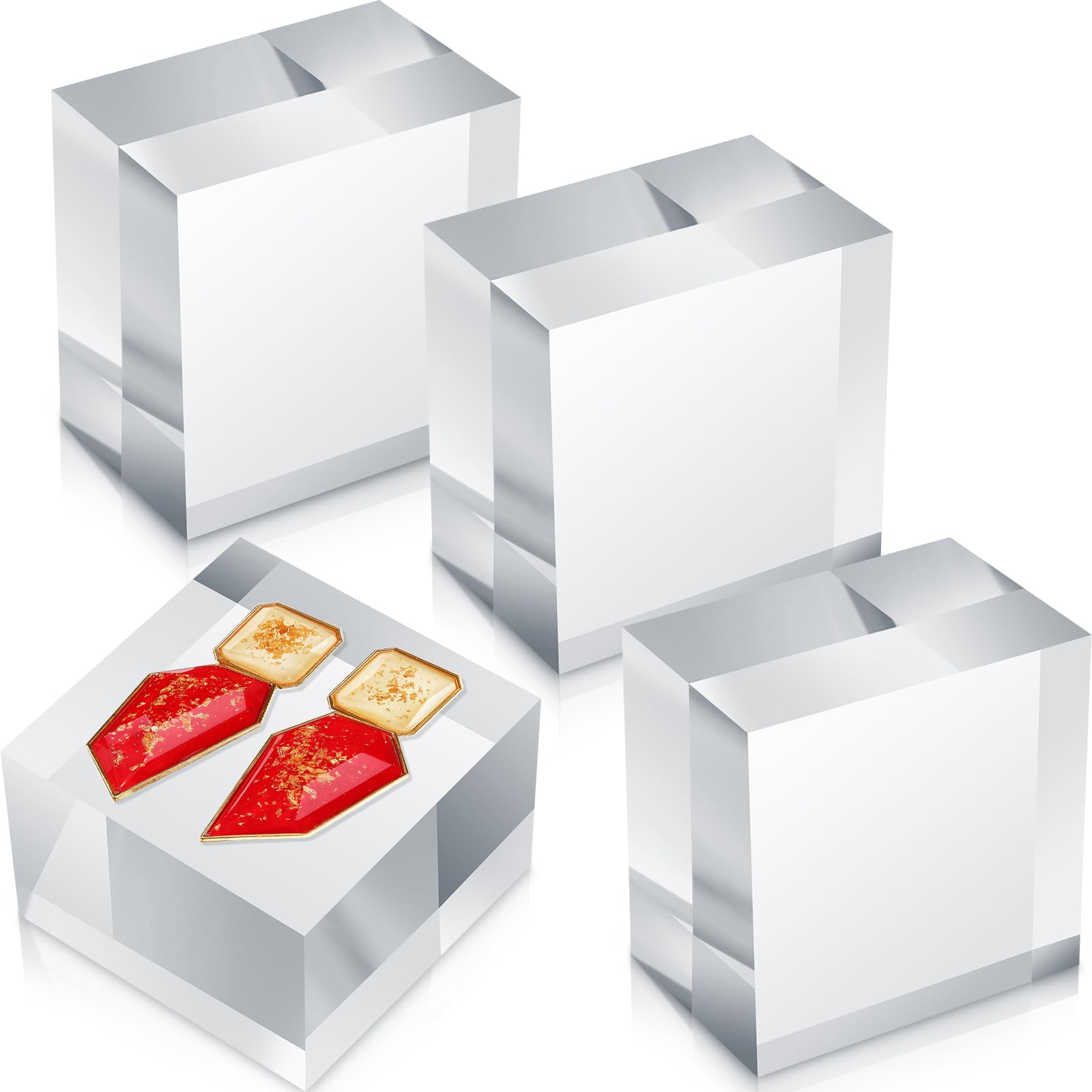 Photo 1 of Remerry 4 Pieces 3 x 3 x 2 Acrylic Square Display Block Clear Polished Acrylic Cube Jewelry Stand Ring Showcase Display Holder Base