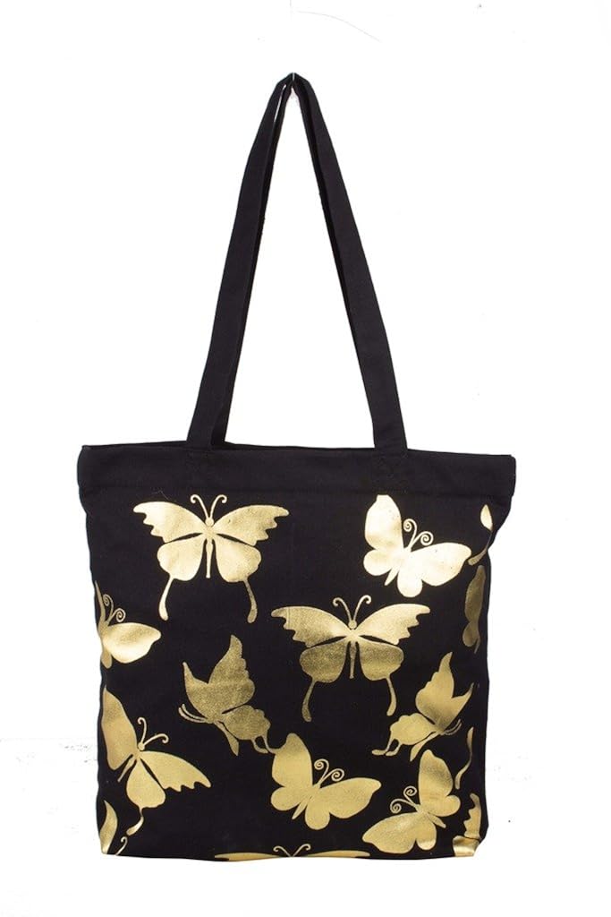 vivinkaa black butterfly printed tote bag with zip for women