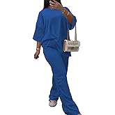 Nimsruc Women's 2 Piece Outfits 3/4 Sleeve Lounge Sets Long Pants Matching Set Jogger Suit Tracksuit Blue L