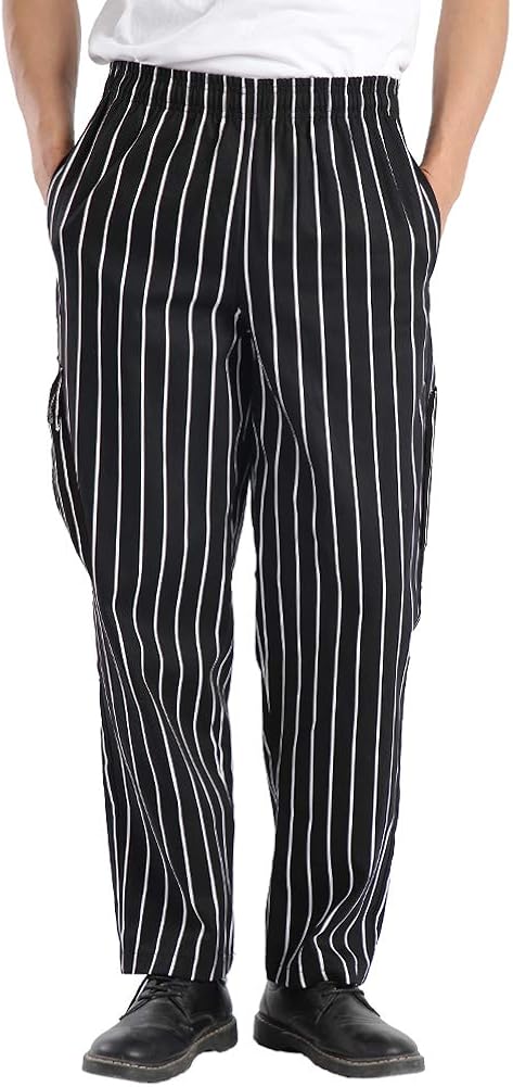 Men's and Women's Uniforms Kitchen Work Baggy Black and White Stripes Pant Cargo Style Chef Pants