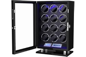DUKWIN Watch Winder, Fingerprint Lock Automatic Watch Winder 6/8/9/12 with Smart LCD Touch Screen, Remote Control, Blue LED Light, Quiet Motor, and Adjustable Watch Pillows for Gentles and Ladies