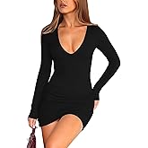 Coloquin Women Sexy Long Sleeve Bodycon Mini Dress Deep V Neck Ruched Club Party Going Out Dress