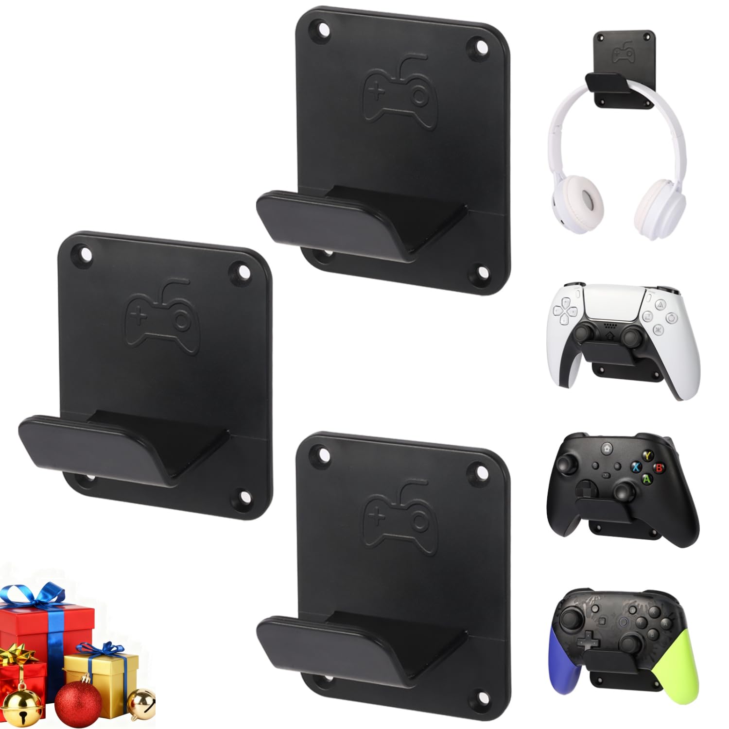 Qpfctwil Controller Holders Wall Mount 3 Pack Wall Stands With Non-Slip Pads, Premium Headphone Mount for Controllers and Headsets, Black, YCKJ-WM-01