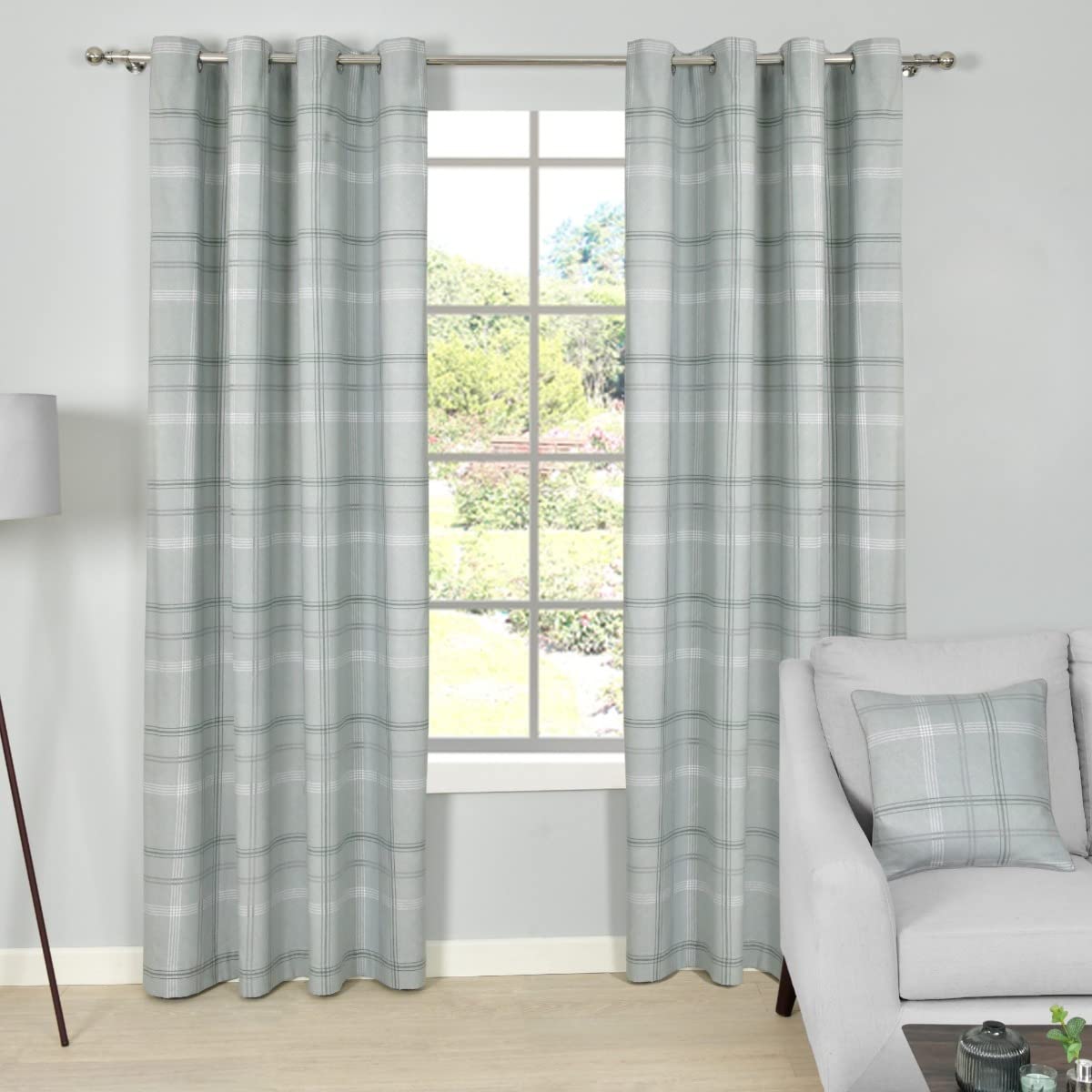 Sleepdown Printed Check Thermal Insulated Eyelet Curtains for Bedroom and Living Room - Green - 2 Panels, 2 x 46" x 72"
