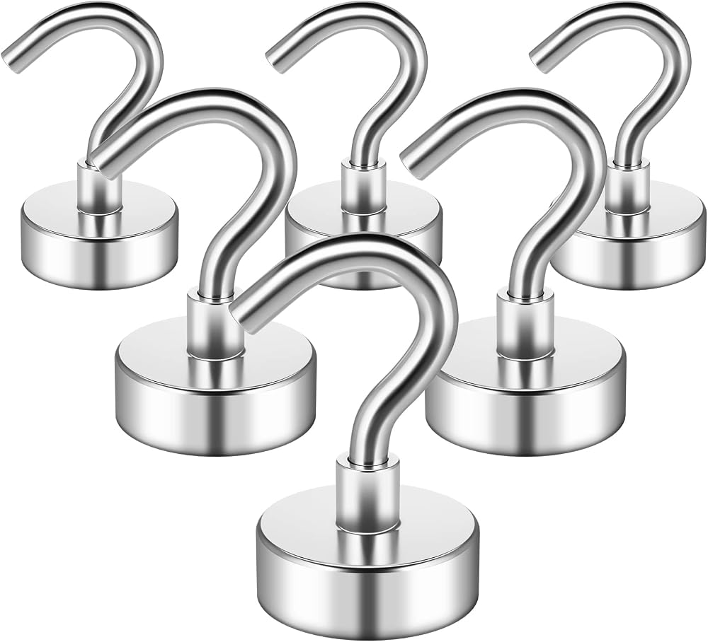 FINDMAG 6 Pack Neodymium Magnetic Hooks, Silver, 16 mm Base