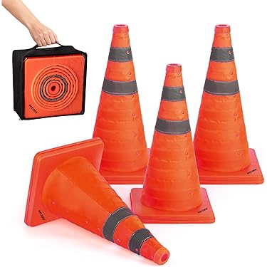 BATTIFE 28 Inch Collapsible Traffic Safety Cone – 2 Reflective Collars, Weighted Black Base, Flexible PVC, For Parking, Driving Practice, Roadside Emergencies