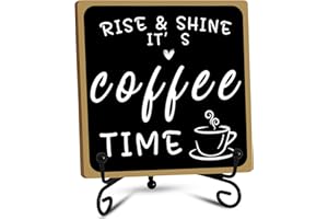 Wooden Coffee Bar Sign, Coffee Bar Decorations Black and White with Iron Stand Tabletop Shelf Accessories for Station Home Fa