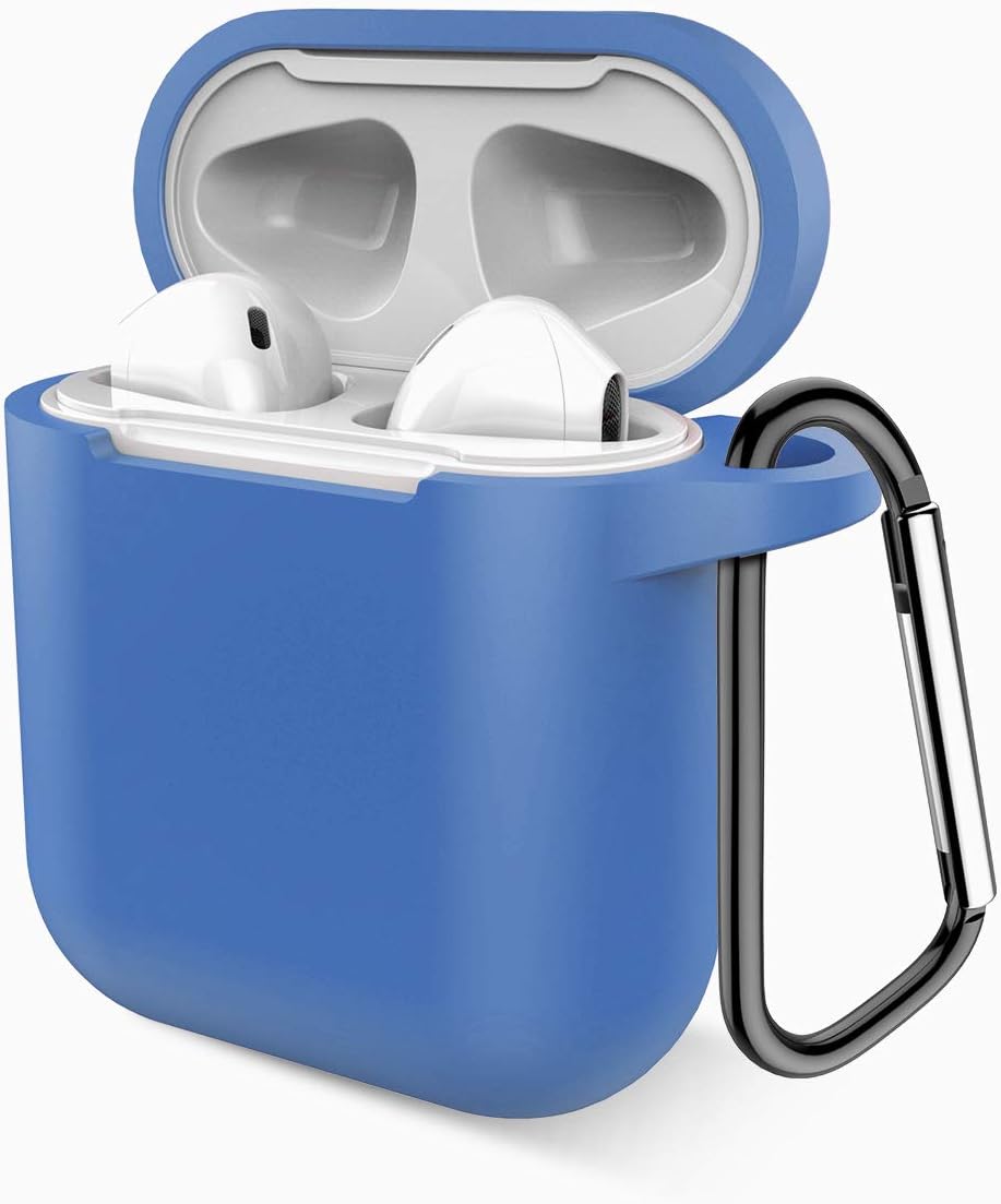 Airpods Case, Music tracker Protective Thicken Airpods Cover Soft Silicone Chargeable Headphone Case with Anti-Lost Carabiner for Apple Airpods 1&2 Charging Case (Navy)