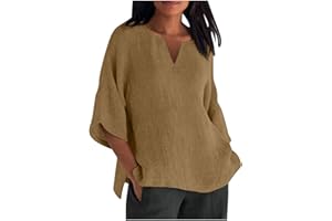 Binmer Plus Size Summer Linen Tops for Women 2024 Trendy Short Sleeve T-Shirts Loose Solid V Neck Tee Side Split Blouse S-5XL