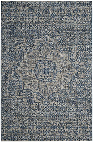 SAFAVIEH Washable Rug Outdoor Courtyard Collection - 5'3" x 7'7", Grey & Navy,…