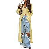 Famnbro Womens Crochet Long Cardigan Long Sleeve Duster Hollow Out Sweater Knit Dress Cover Up Vacation Outfits