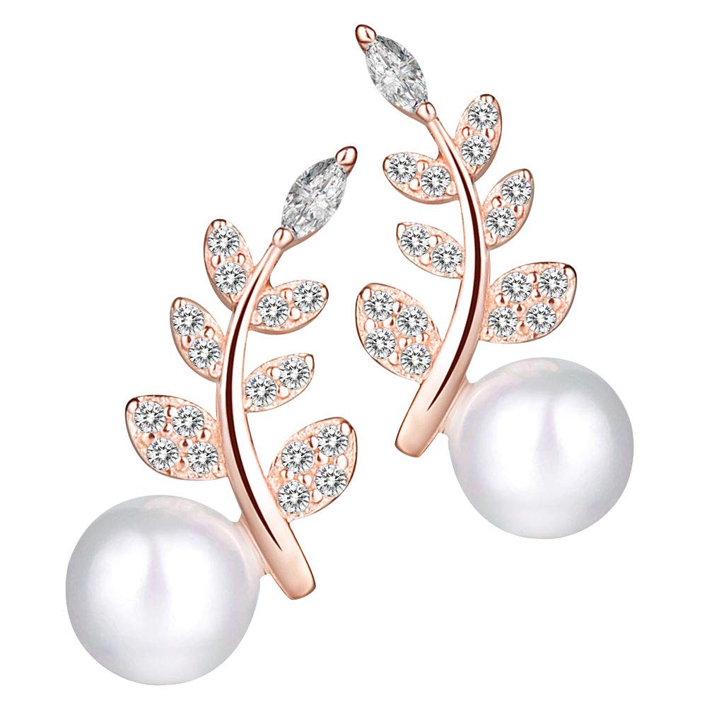 MICGIGI Women's 925 Sterling Silver Leaf Stud Earrings with Pearl & Cubic Zirconia