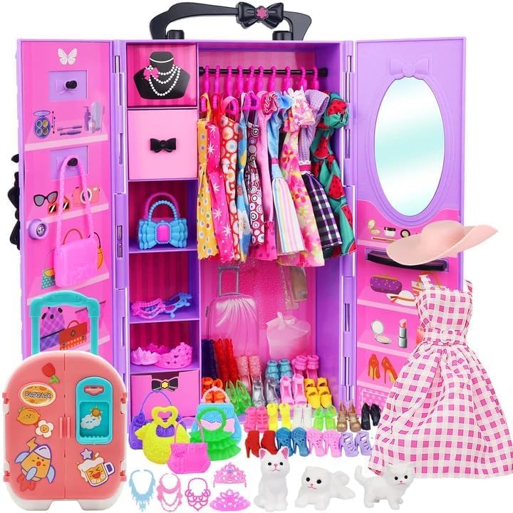 ZITA ELEMENT 83 Pcs Doll Clothes and Accessories with Purple Wardrobe for 11.5 Inch Doll Dress Up Set Including Closet,Shoes, Wallet, Dress Hangers, Brush, Necklace, Pet and Other Accessories