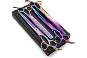 Moontay Professional 8.0" Dog Grooming Scissors Set, 4-pieces Straight, Upward Curved, Downward Curved, Thinning/Blending Shears for Dog, Cat and Pets, JP Stainless Steel, Multicolour