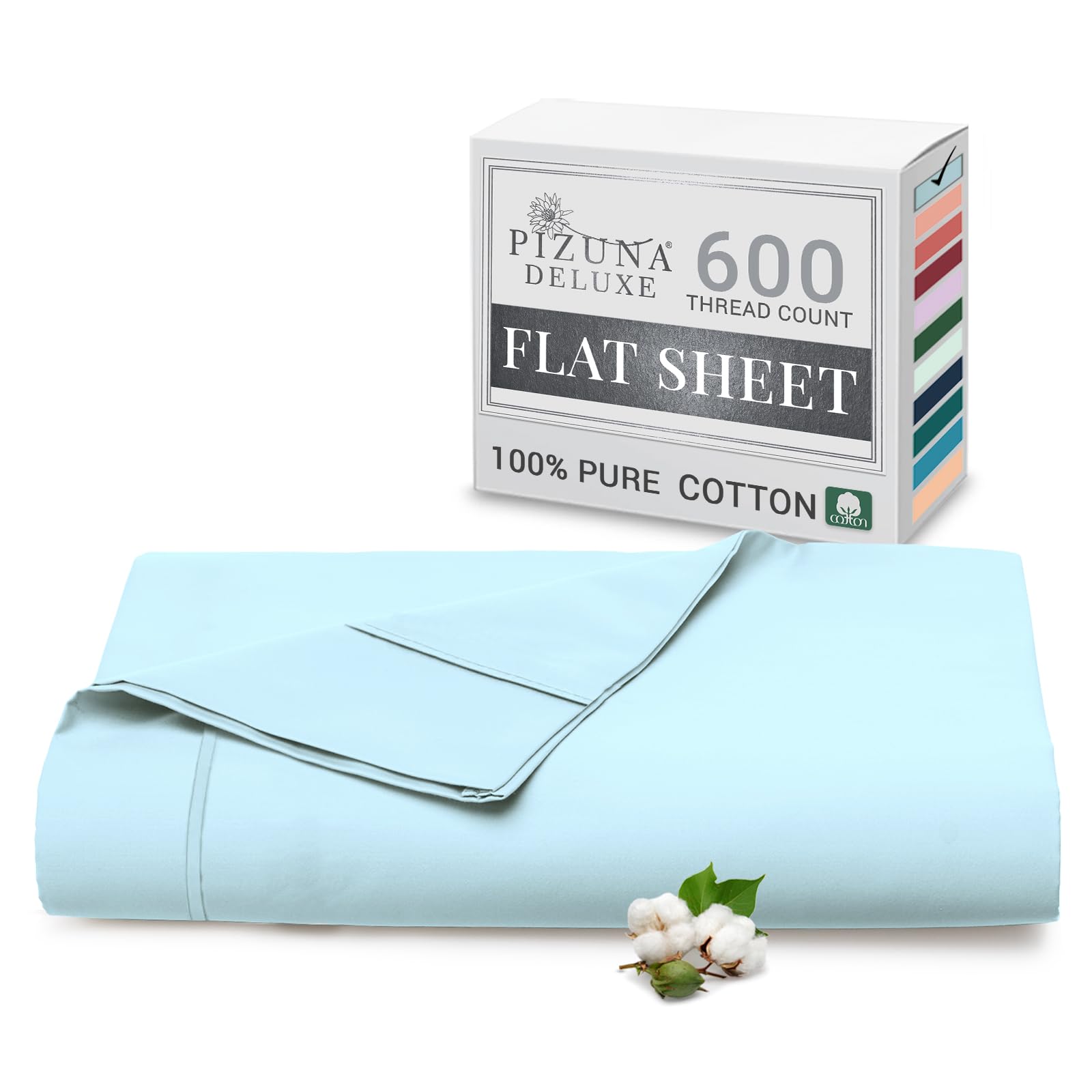 Pizuna Pure Combed Cotton Double Flat Sheet Baby Blue, 600 Thread Count Long Staple Brushed Cotton Flat Sheets Double, Cool Sateen Weave Flat Sheet Double Bed (Cotton Flat Sheet Double 1 PC)