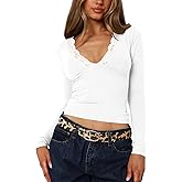 NODHUT Women's Lace Long Sleeve Tops Cute Deep V Neck Going Out Tops Sexy Fall Slim Fit T Shirts