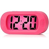 Easy to Set, Plumeet Large Digital LCD Travel Alarm Clock with Snooze Good Night Light, Ascending Sound Alarm & Handheld Sized, Best Gift for Kids (Pink)