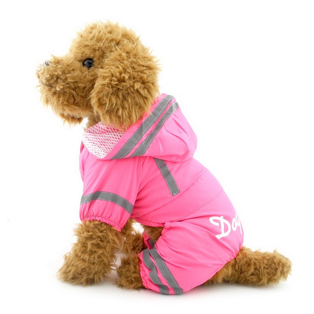 SELMAI Waterproof Raincoat Pet Rainwear Clothes for Small Dogs Hooded Mesh Lined Soft Lightweight Puppy Rain Poncho Jacket Jumpsuit with Strip Pink XXL