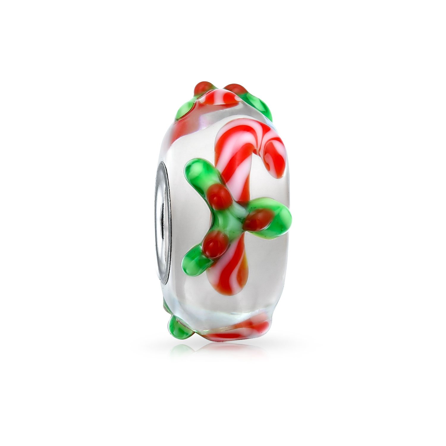 Bling Jewelry Christmas Holiday Red Candy Cane Peppermint Murano Glass .925 Sterling Silver Spacer Bead Fits European Charm Bracelet For Women