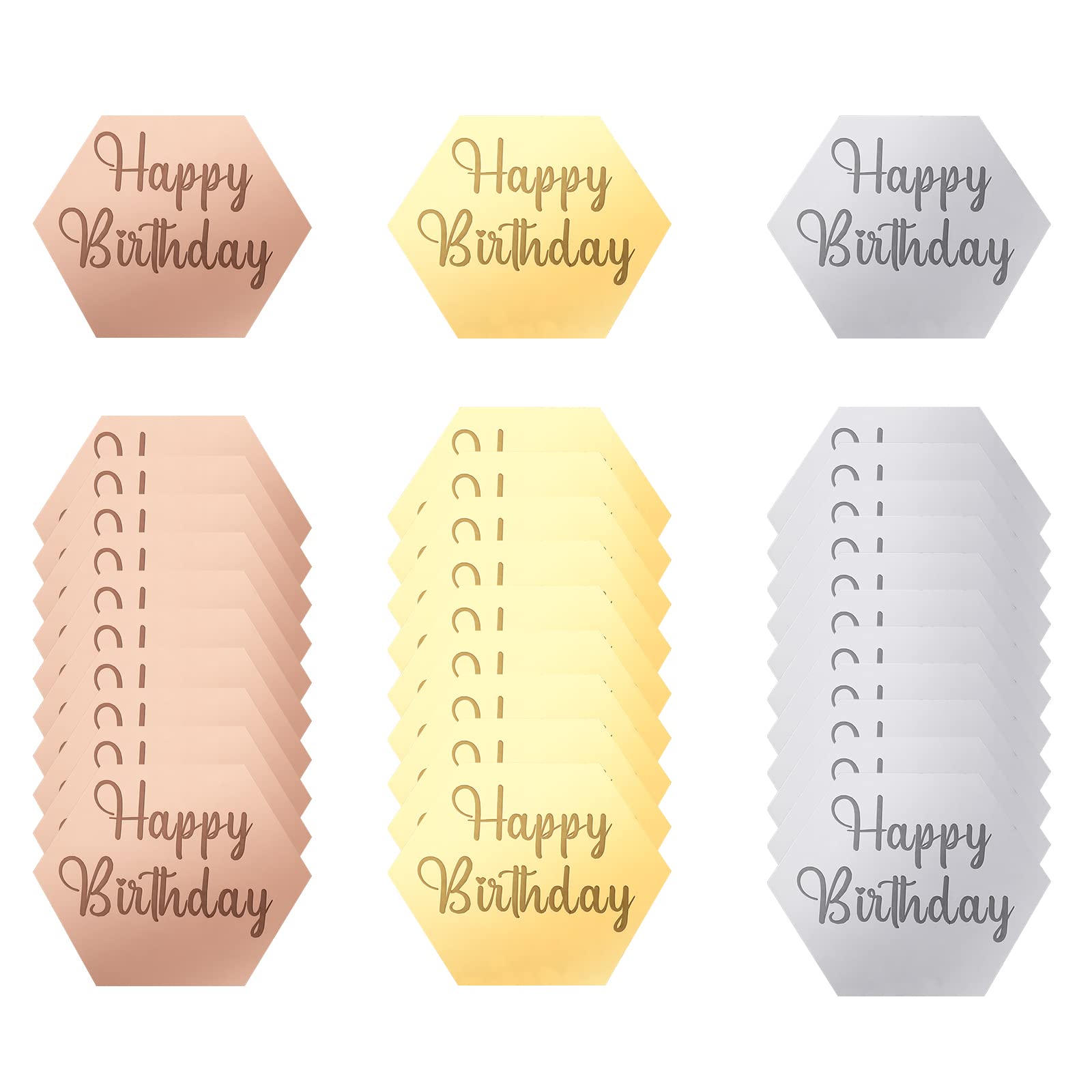 AIEX 33pcs Acrylic Happy Birthday Topper, Acrylic Happy Birthday Disc Mirror Acrylic Cupcake Toppers Mini Acrylic Cupcake Toppers Custom Cake Topper Name (Gold, Silver and Rose Gold, Hexagon)