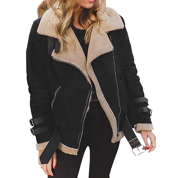 Damen Biker Jacke,Felicove Frauen Faux Pelz Fleece Mantel Revers Biker Motor Lederjacke Warme Outwear Aviator Jacke Basic Sof