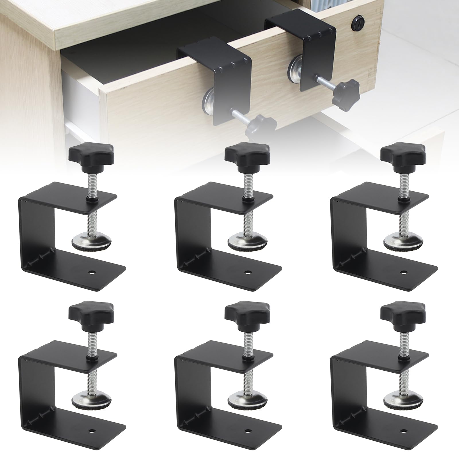 Omninmo 6pcs Drawer Fixing Clip, Drawer Front Panel Installation Clamp Cabinet Hardware Jig C Clamps Drawer Drill Hole Guide C Clamp for Woodworking Tables Desk Mount, with Big Silicone Protective Pad