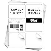 Anylabel 3-1/3" x 4" Shipping Address Labels for Laser & Inkjet Printer - 6 Per Page Mailing Labels for Packages Permanent Adhesive, 6 up 3-1/3" x 4" Stickers Paper (100 Sheets, 600 Labels)
