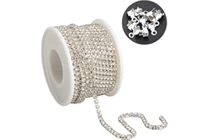 FEELOVE Rhinestone Chain with 10 Connector Hooks, 10 Yards 2MM Rhinestone Trim, Rhinestone Strips, Rhinestone String for Sewing Crafts, DIY Decoration, Jewelry Making, Shoe Charms