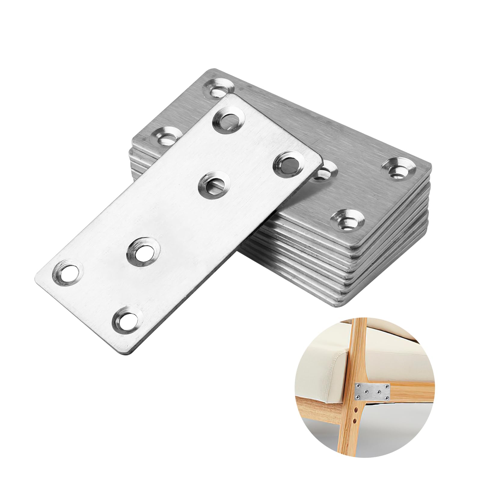 10pcs Mending Plates, Straight Flat Brackets for Wood (80 x 40 x 2mm), Perforated Joining Plates, Stainless Steel Metal Brace Brackets for Wood Furniture Fixing Repair Connector