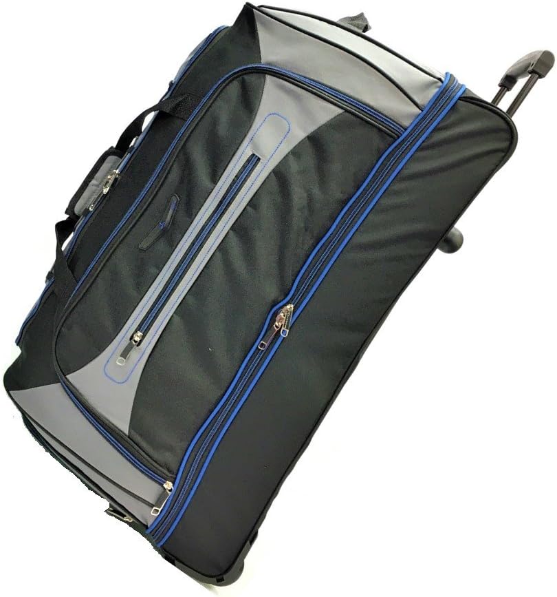 Large 30"/76.2cm Rolling Drop Bottom Duffel Hard Wearing Lightweight Travel Sports Weekend Business Big Carry Cargo Holdall Luggage Travel Bags Suitcases Bag in 2 Wheels (30" Large, Black/Blue Trim)