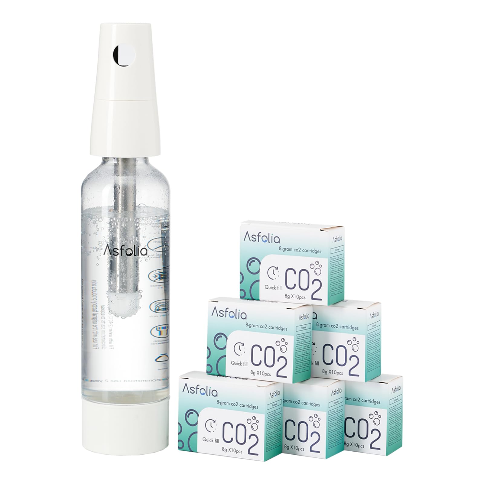 Portable Sparkling Water Maker - Travel Soda Maker for Home & Outdoor, 1L Carbonating Bottle, 60 pcs CO2 Cylinders, Compact Carbonated Water Machine for Flavored Drinks, Soda Machine (White)