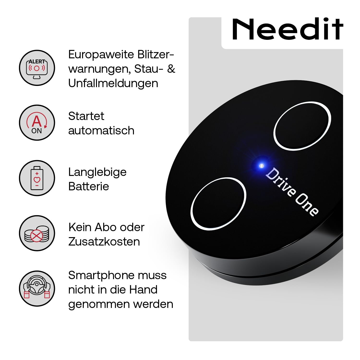 Needit Drive One 2 Verkehrswarner [Neues Modell 2026] I Warnt vor Kontrollen und Gefahren im Straßenverkehr I LED Anzeige automatisch aktiv I Daten von BlitzerApp 3