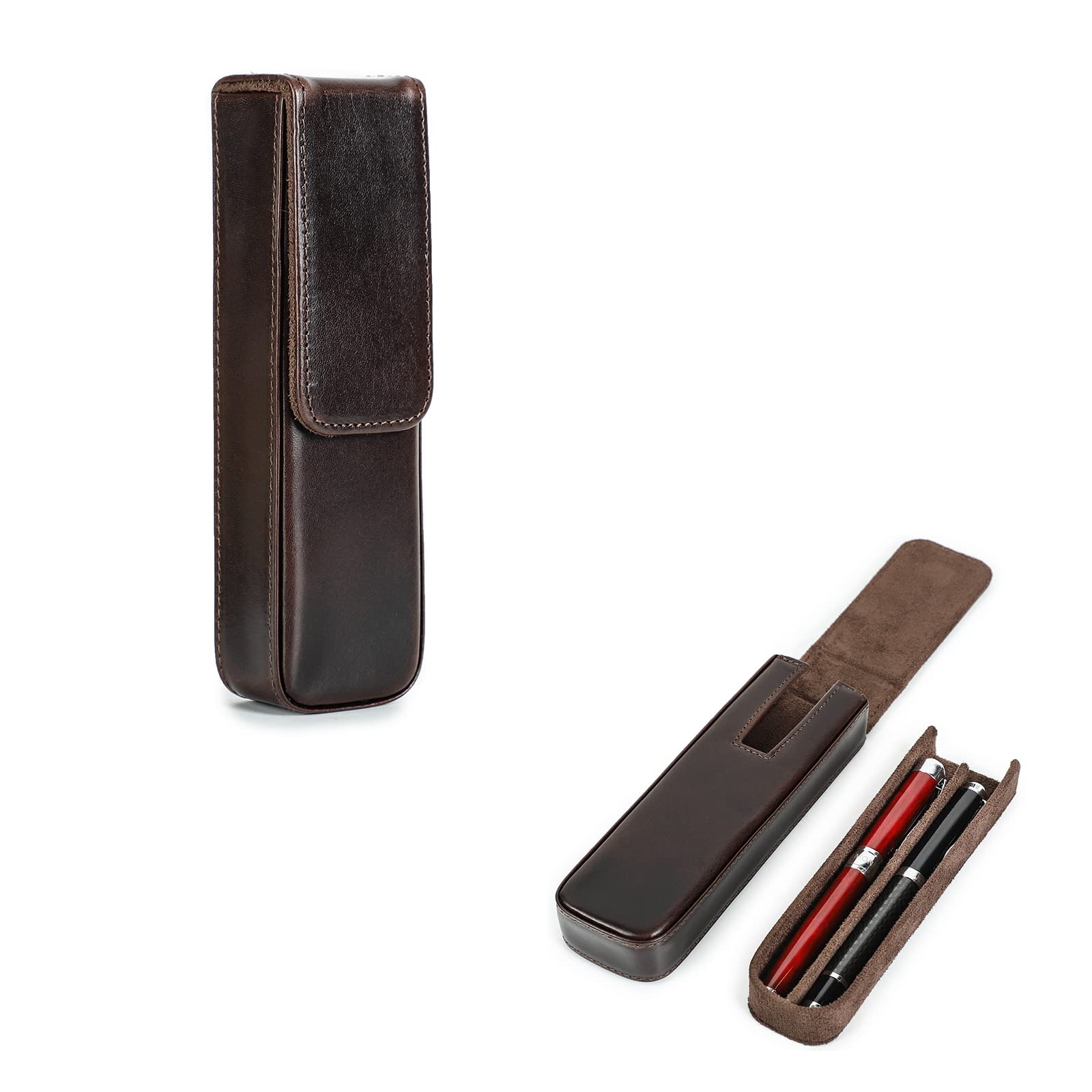 Hiram Leather Pen Case for 2 Pens Vegetable Tanned Leather Fountain Pen Storage Box with Hidden Magnetic Snap Closure Design (Coffee)