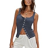 Outfeel Women Ribbed Tank Tops Sleeveless Button Down Camisole Summer Scoop Neck Cropped Top