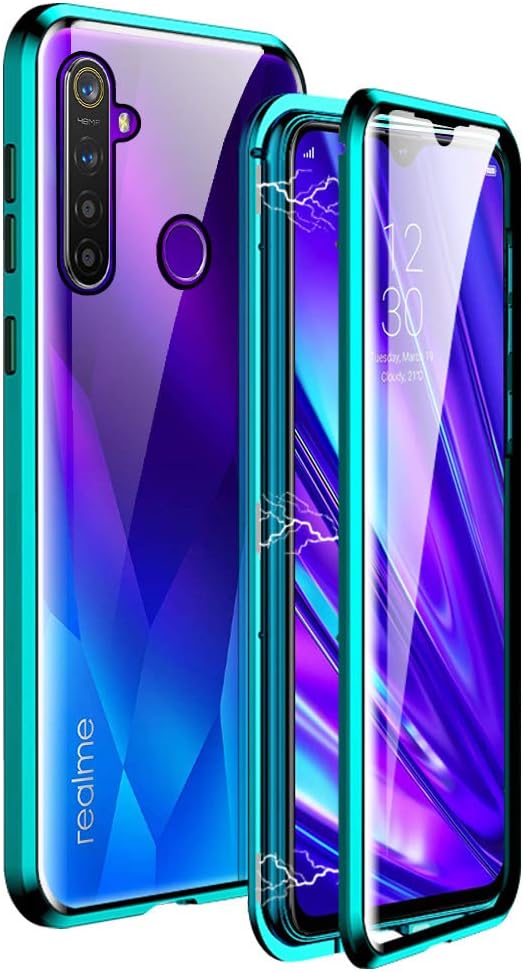 IGUCAC Case for Realme 5 Pro Case,2 in 1 Magnetic Adsorption Cover with Front/Back Tempered Glass and 360 Degree Full Coverage Anti-Scratch Metal Protection for Realme 5 Pro,Green